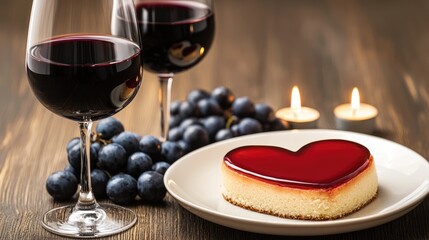 Romantic dinner dessert with red wine cozy setting food photography elegant mood heart-shaped cheesecake