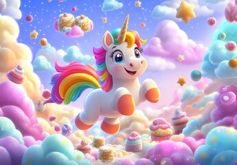 A unicorn is flying through a sky full of clouds and stars