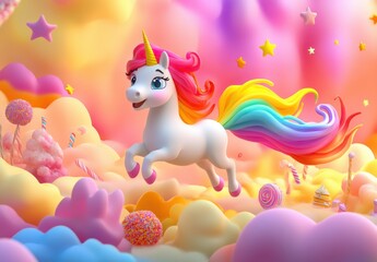 Fototapeta premium A unicorn with a rainbow tail is flying through the sky