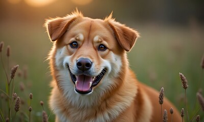 Cheerful Brown Dog with Happy Expression Posing in Golden Sunset Field