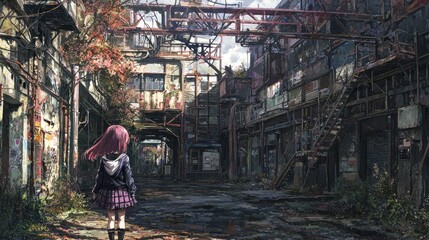 Girl walks through decaying urban alley; post-apocalyptic setting; background shows rusted structures and overgrown vegetation; ideal for dystopian fiction