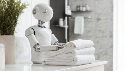 A humanoid robot folding and organizing towels in a clean bathroom, focusing on neatness and cleanliness, Practical style