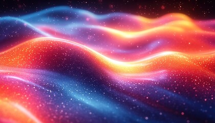 Glowing particle waves flow in vibrant abstract space background