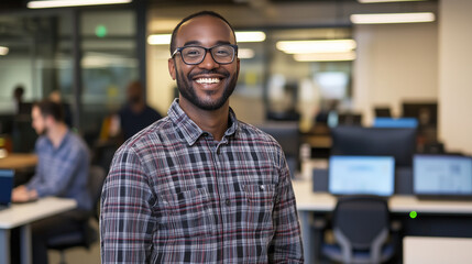 Fototapeta premium Cheerful IT Professional in Modern Coworking Space