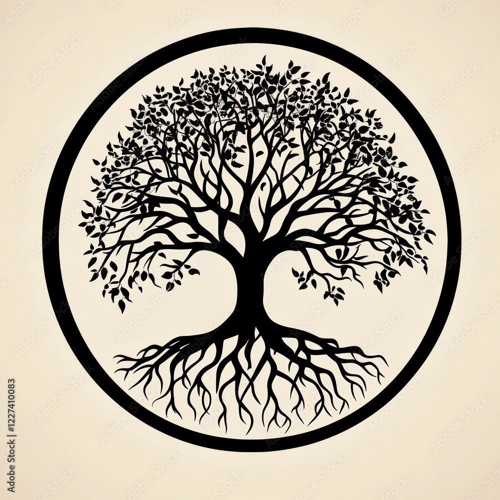 Poster Symbolic tree of life with intricate roots and branches displayed in a circular design. Generative AI