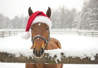 A brown horse wearing a Santa hat and a bridle