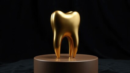 Golden tooth on pedestal with black velvet background