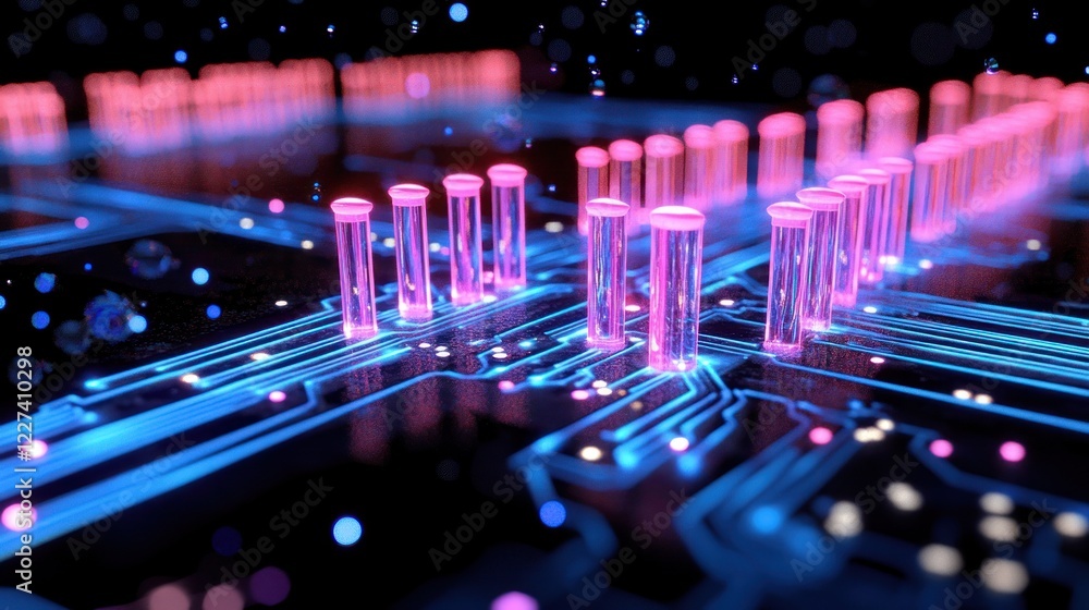 Wall mural futuristic circuit board with glowing tubes. abstract technology background. possible stock photo us