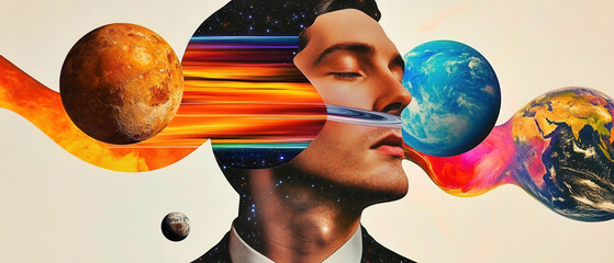 Creative businessman with vivid imagery, modern design symbolizes innovation and imagination, dynamic colors conveying ideas.