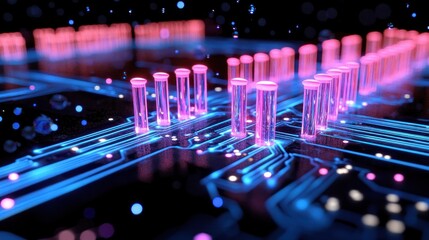 Futuristic circuit board with glowing tubes. Abstract technology background. Possible stock photo use