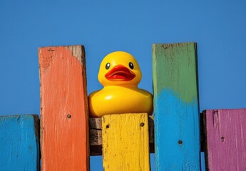 A yellow rubber duck is sitting on a wooden fence