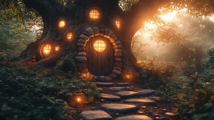 Enchanting Tree House with Glowing Windows and Stone Pathway in Serene Forest Setting at Dusk