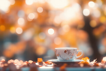 Obraz premium Autumn Tea Break: A porcelain teacup with a delicate floral pattern sits amidst fallen leaves in a warm autumnal setting, capturing the essence of a cozy afternoon. 