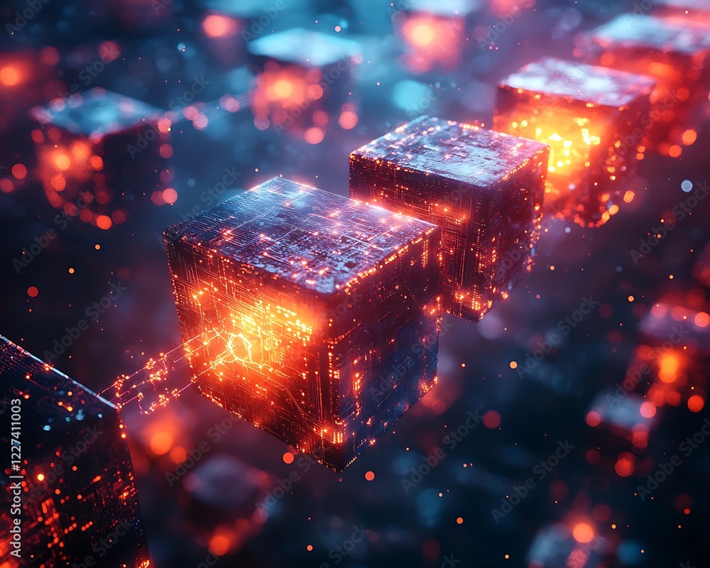 Aufkleber A vibrant visualization of a blockchain ledger, showcasing interconnected elements in a glowing design.