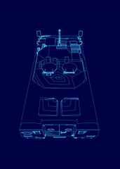 Blue drawing of a vehicle with a blue background. The vehicle is a tank and has a blue design