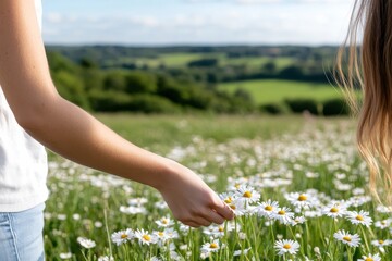 A woman gently picks daisies in a sunlit meadow, emphasizing a serene connection with nature and the simple joys found in life's little moments.