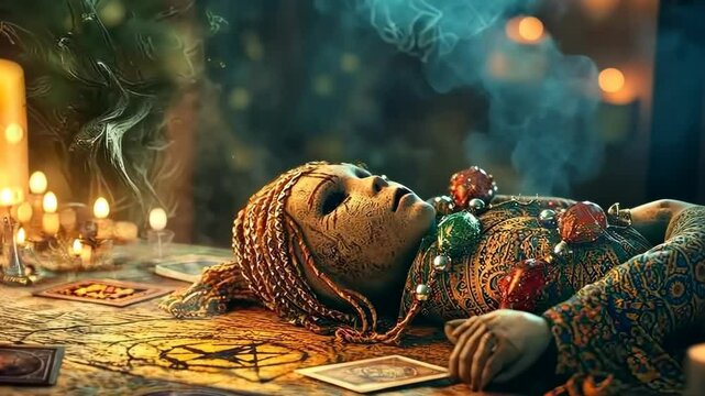 voodoo doll on magic table. Smog.