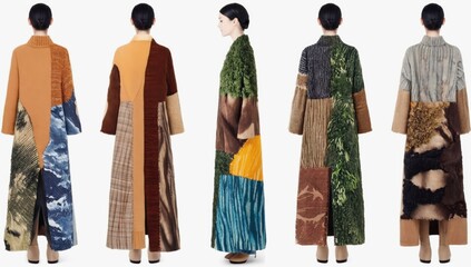 Fototapeta premium Five fashion models present unique, long patchwork coats made from various recycled fabrics, highlighting sustainable fashion and textile artistry in a studio setting
