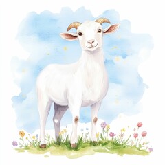 Fototapeta premium This whimsical watercolor painting captures a cheerful goat standing in a lush floral landscape with a glowing backdrop of festive lanterns