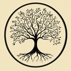 Exploring the intricate design of a tree of life featuring visible roots and vibrant leaves within a circular frame. Generative AI