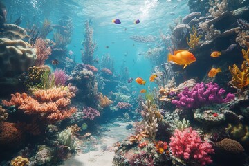 Naklejka premium A vivid and detailed HD depiction of a vibrant underwater scene, where colorful marine creatures swim around magnificent coral structures