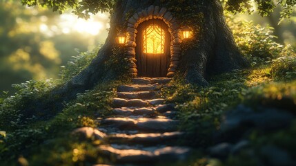 Obraz premium Enchanting Tree with Illuminated Door and Stone Steps Leading into a Magical Forest at Sunrise