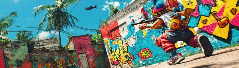 Colorful graffiti art, tropical setting, character running, airplane overhead. Stock image