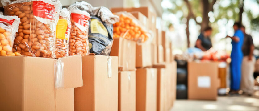 Person in blue attire organizing various delivery packages outdoors, vibrant setting with natural light, ideal for logistics themes.