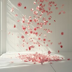 Serene Rose Petals Cascade Gracefully in Minimalist Room with Soft Sunlight Shining Through