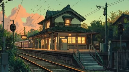 Serene Station Platform Awaits Passing Train Under a Hazy Sunset With Birds Flying