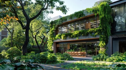 Modern building surrounded by lush greenery and vibrant plants, showcasing eco-friendly architecture