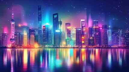 Vibrant Shanghai Skyline Night Cityscape Illuminated