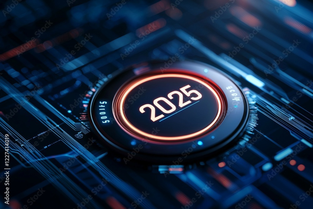 Aufkleber futuristic digital interface with neon 2025 glow on tech circuit background