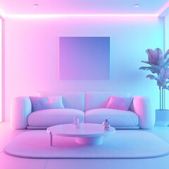 Serene white sofa rests in lit room amid calming hues with modern art and plant nearby
