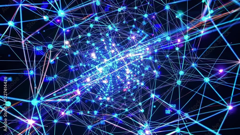Poster exploring the intricate web of connections in a vibrant digital landscape filled with glowing nodes 
