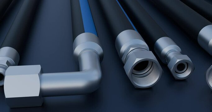Hydraulic hoses animation; Crimped hose fitting; Flexible rubber hose animation