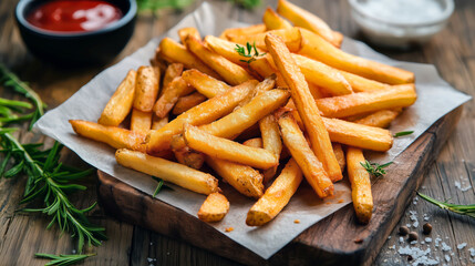 French fries. Homemade American French fries close-up  with salt and ketchup sauce on wooden background
