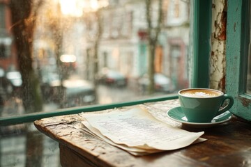 A caf&Atilde;&copy; with a spilled coffee cup on a table, creating a mess of liquid and papers, disrupting the cozy scene