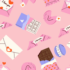 Pattern with cute elements. Decoration for valentine's day with fortune cookies, chocolate, envelope, macarons. Hand drawn gift packaging, wrapping, greeting card