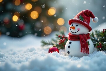 Fototapeta premium Snowman-themed Christmas ornaments on a winter background, snow, christmas
