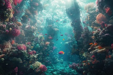 Fototapeta premium A vivid, high-definition underwater scene where diverse marine life flourishes around the intricate beauty of coral reefs