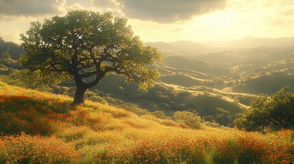 Obraz premium Lone tree sunset poppy field hillside