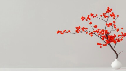 Red berries in vase, minimalist home decor, neutral background, autumnal vibe