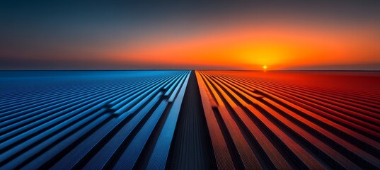Fototapeta premium Solar Power Plant At Sunset, Blue And Orange Sky, Concept Of Renewable Energy And Sustainability