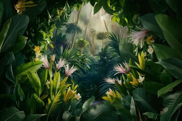 A lush tropical forest, surrounded by abundant green leaves and flowers.