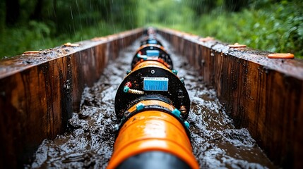 Sections of bright orange high-density polyethylene pipe are being installed in a muddy trench during rainy conditions, showcasing the challenges of utility pipeline construction in adverse weather.