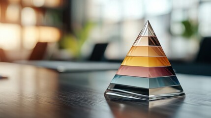Glass pyramid paperweight on a wooden table in a blurred office setting