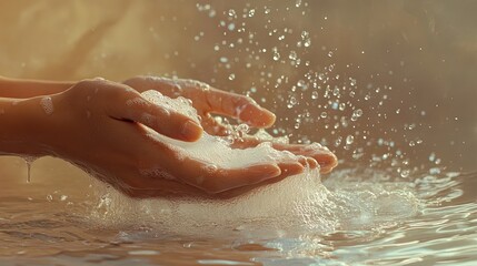 Fototapeta premium A person's hands, lathered in soap, rinsing under a clear stream of water with droplets splashing on the countertop.