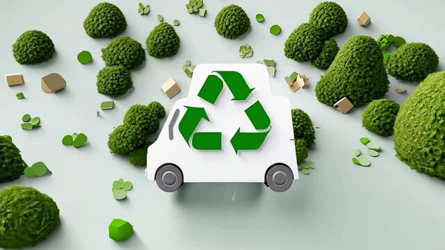 A white car with a green recycling symbol on the back of it surrounded by trees