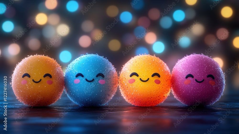 Poster colorful smiling spheres with soft textures set against a blurred bokeh background